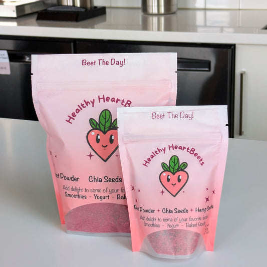 Healthy HeartBeets Beet Powder, Chia Seeds, and Hemp Seeds Mx front view of bag. 
