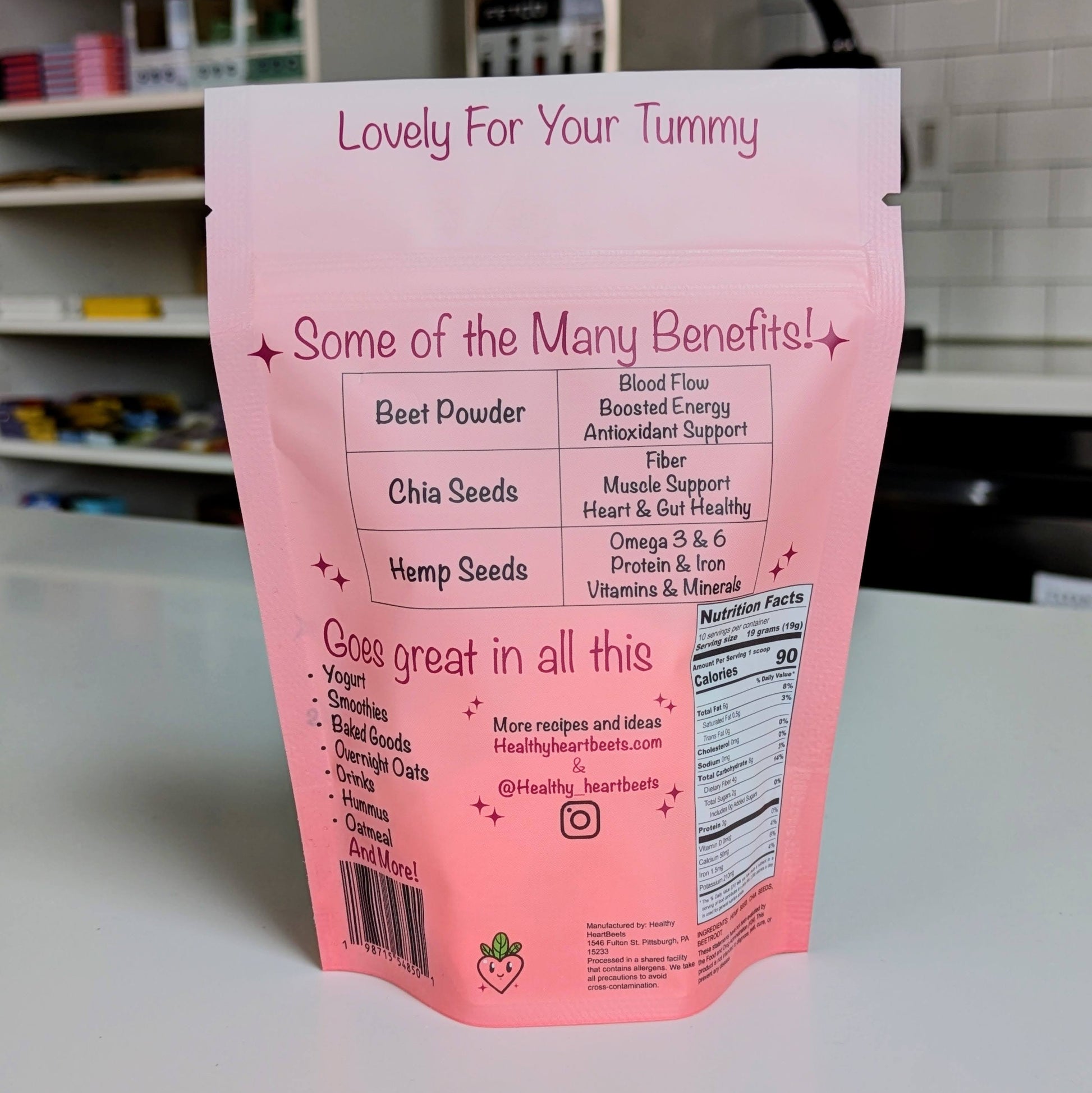 the back side of Healthy HeartBeets Powder Mix backside 10 serving bag