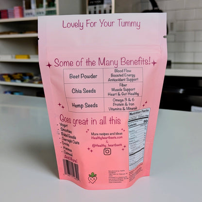 the back side of Healthy HeartBeets Powder Mix backside 10 serving bag